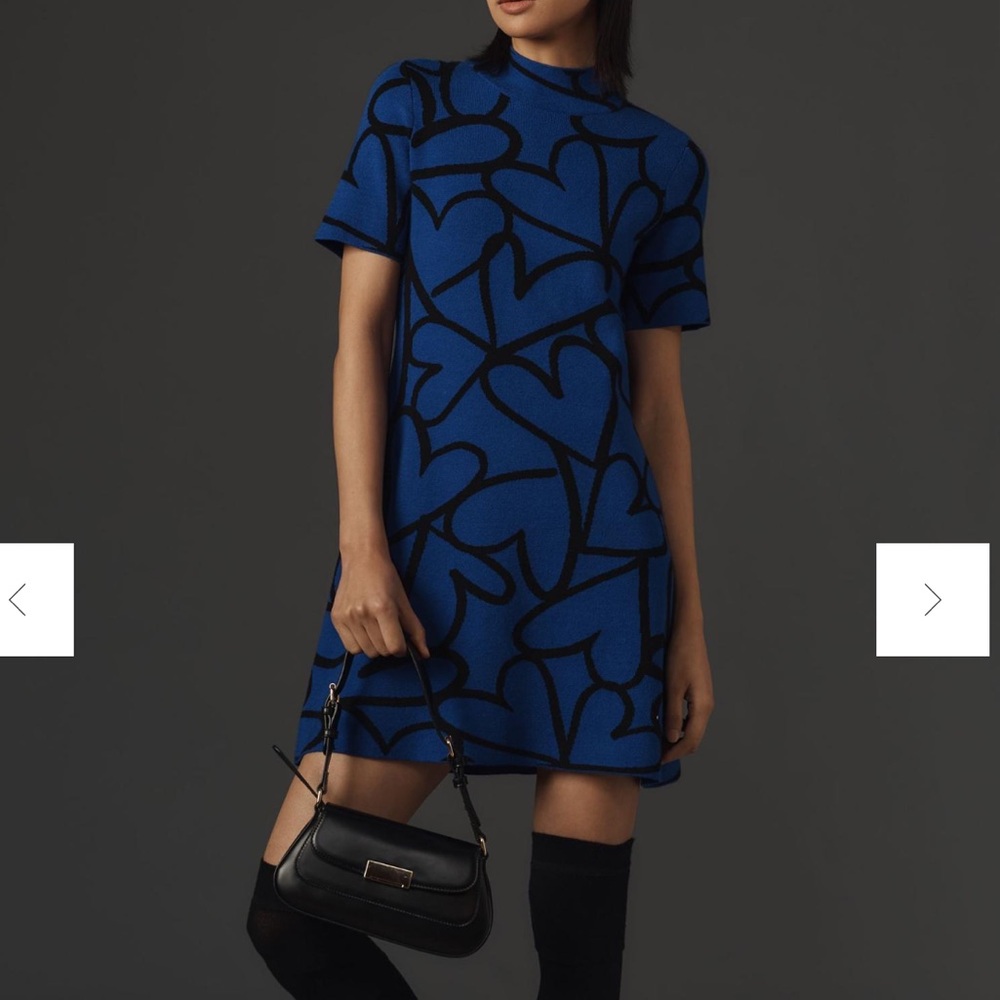Nina Short-Sleeve Mock-Neck Mod Mini Dress - Blue Heart Dress Anthropologie XXS
